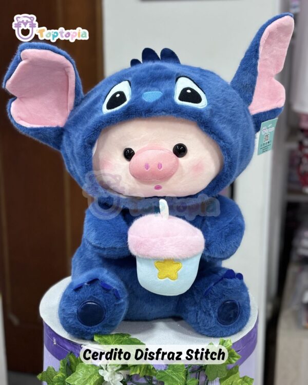Fotografía de cerdito tierno disfrazado de Stitch, peluche de alta calidad para fans de Stitch y colecciones Disney