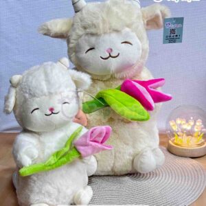 Peluche de corderito con tulipán rosa, suave y tierno para regalar