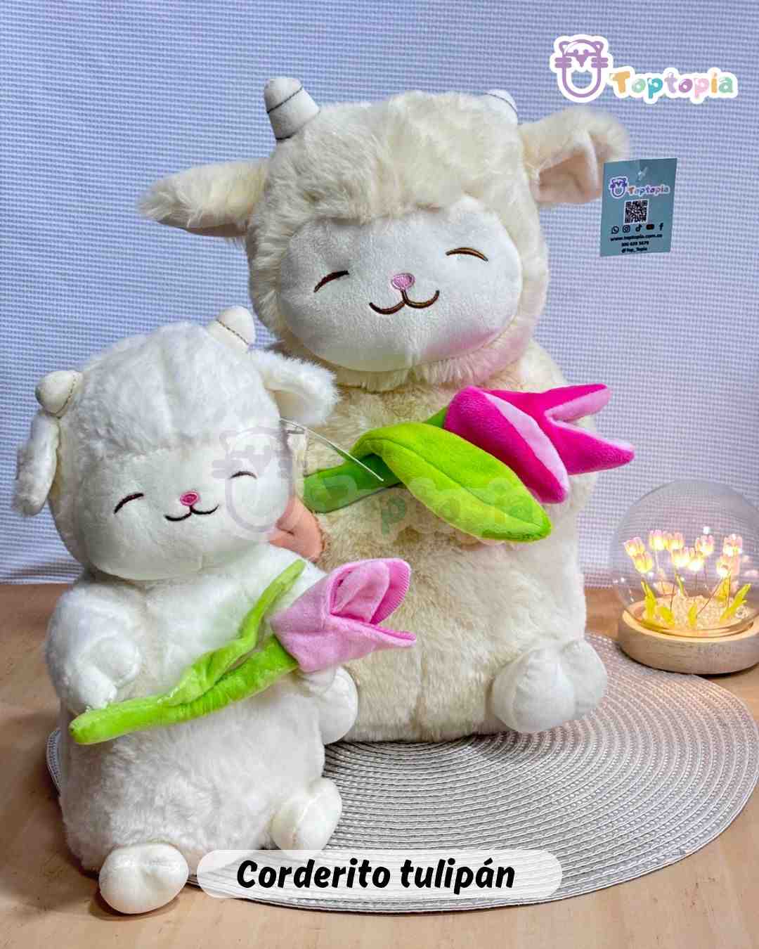 Peluche de corderito con tulipán rosa, suave y tierno para regalar